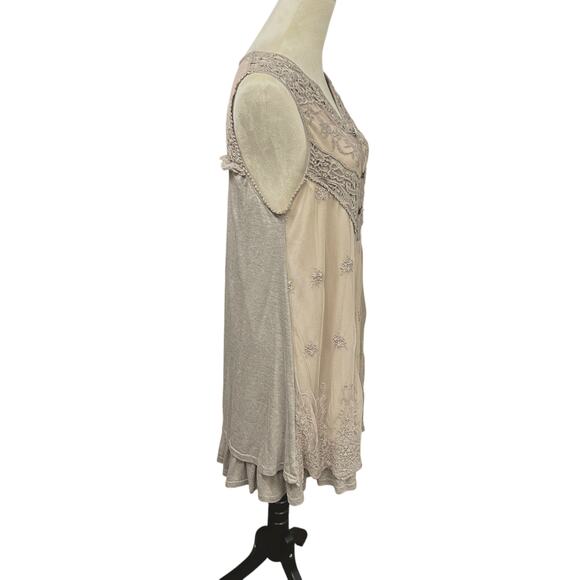 Cottagecore Boho Mesh Lace Dress M Taupe Ruffle Hem‎ Layering - Picture 4 of 8